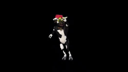 Festive Cartoon Cow Character Dancing in Santa Hat and Sunglasses