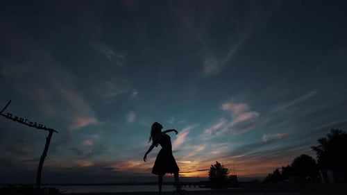 Silhouette of Woman Dancing on Beach at Sunset
