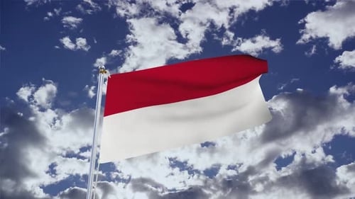 Realistic 3D Indonesian Flag Waving Against a Blue Sky