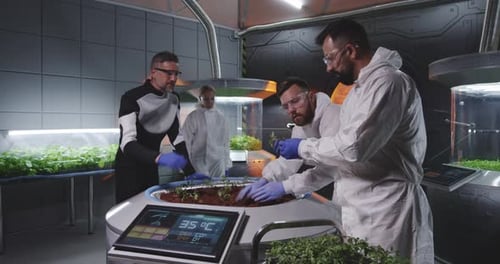 Scientists Examining Seedlings on Mars Base