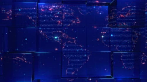 Futuristic Digital World Map on Glowing Cubes Background