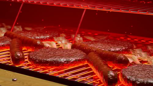 Grilling meat. Barbeque. Steaks, sausages, burgers. Grill with red hot charcoal.