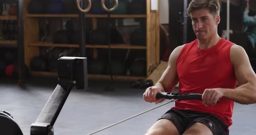 Front view athletic Caucasian man exercising on a rowing machine