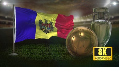 Waving Moldova Flag with Golden Soccer Ball and Trophy in Stadium