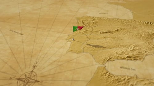 Portugal Flag Pin Reveal on Vintage Map Animation