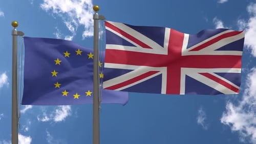 European Union and United Kingdom Flags Waving in Realistic Wind