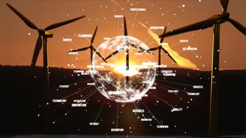 Spinning globe with data connections against wind turbines