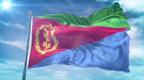 Realistic Eritrea National Flag Waving in Wind with Blue Sky