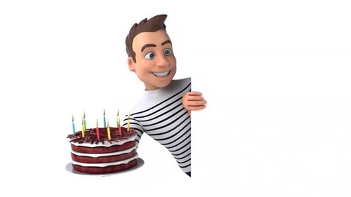 Fun 3D cartoon casual character with a cake