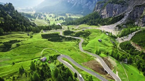 Aerial view of awesome winding road at Passo Gardena, Dolomites