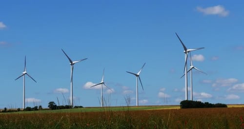 950058 Wind Turbines with Blue Sky, near Caen in Normandy, Real Time 4K