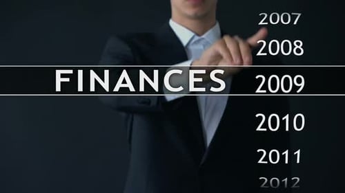 Businessman Selects 2014 Finances Report on Virtual Screen Money Statistics
