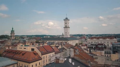 Aerial Drone Footage of European City Lviv, Ukraine, Flight Above Popular Ancient Part of Old Town