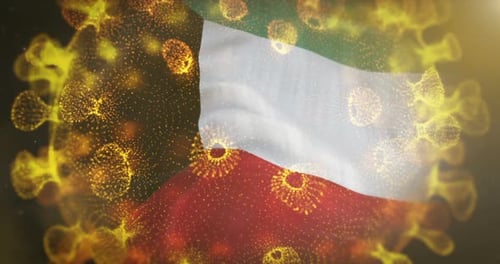 Kuwait Flag With Coronavirus Microbe Centered