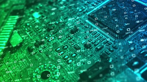 Animation of the Endless Motherboard with Moving Light Signals and Working Processors. Looped Motion