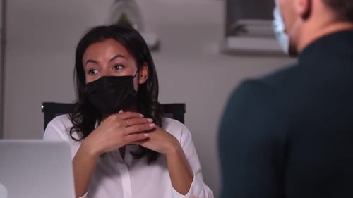 People in Medical Mask in Office Talking About Business Spbi