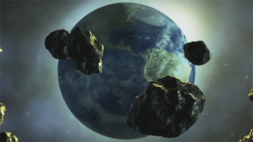 Realistic 3D Earth Surrounded by Flying Asteroids