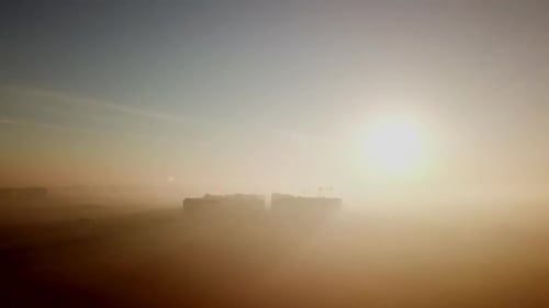 Morning Flight at Dawn Over the Construction of Houses, Beautiful View
