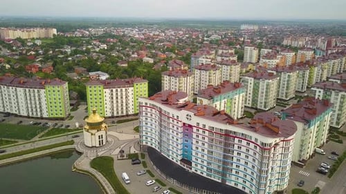 Aerial view of city residential area with high apartment buildings.