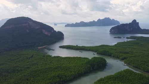 Aerial view of Phang Nga Bay Surrounded by limestone mountains and fertile mangrove forests
