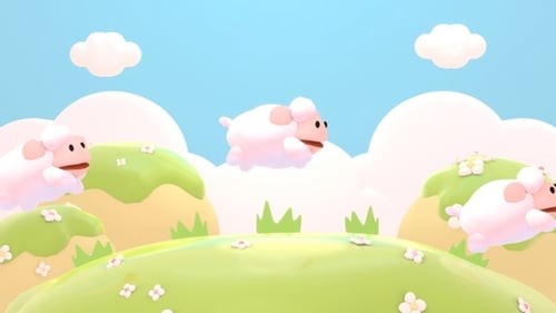 Cute Cartoon Sheep Bouncing on Green Hills with Blue Sky
