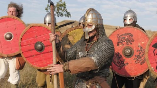 Men in Armor Holding Weapons in Grassy Field