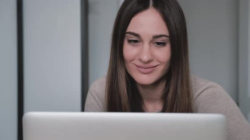 Closeup Young Woman Works Behind Laptop Monitor Drinking Coffee Work Home