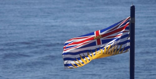 British Columbia Flag Blowing Near the Ocean
