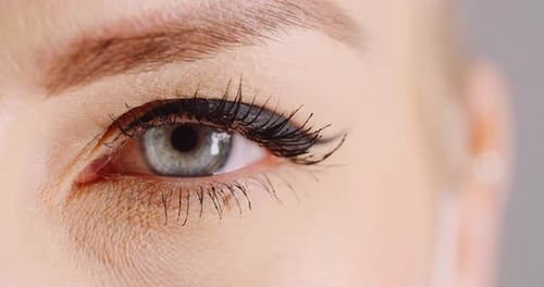 Macro Shot of Blue Eye Opening Human Iris. Womans Eye.