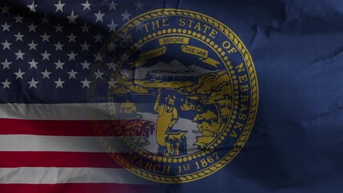 Waving Nebraska State Flag with United States Flag Background