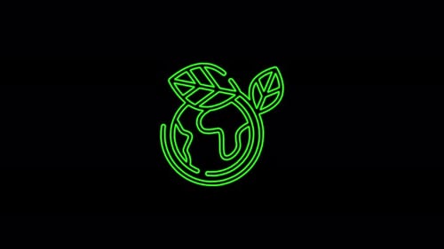 Animated Neon Line Art Globe with Green Leaves Reveal