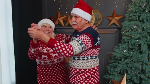 Senior Couple Dancing Happily at Christmas at Home