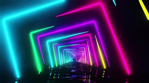 Flying under arches painted with multicolored light. Infinitely looped animation.