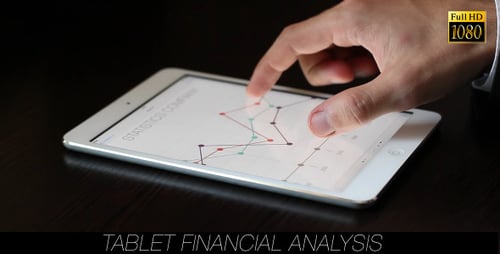 Fingers scroll on tablet displaying business statistics