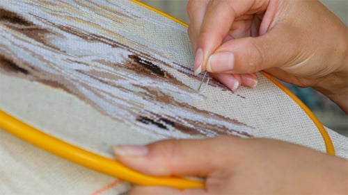 Hands Doing Embroidery Craft Close Up
