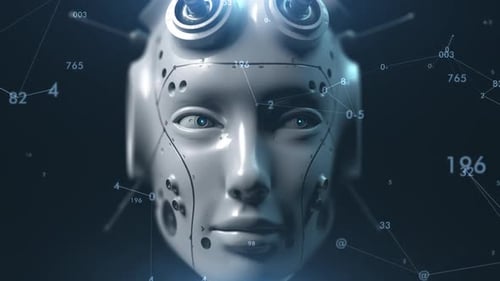 Futuristic AI Robot Head with Digital Network Display