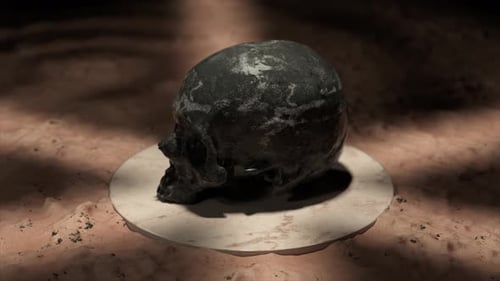 Der Black Marble Skull rotiert und dreht sich auf einer weißen Plattform im Sand