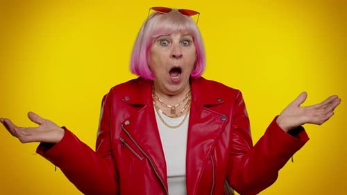Surprised Adult Woman with Pink Hair Exclaims