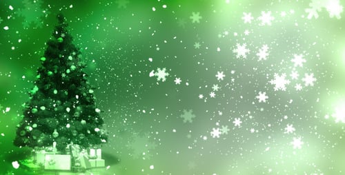 Animated Green Christmas Tree with Falling Snow and Gifts