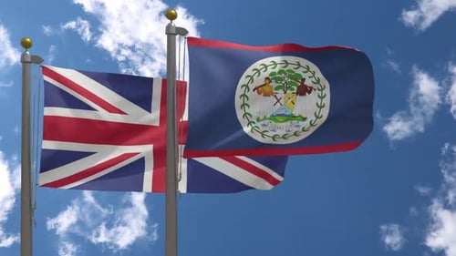 United Kingdom And Belize Flags Waving On Poles