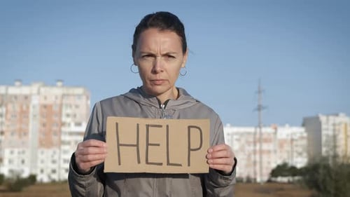 Woman with a Poster Help