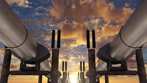 Oil Gas Pipeline Against Red Sunset Sky and Refinery Transportation Industry