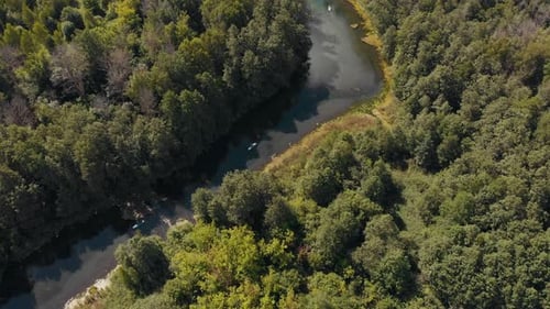 A View of Narrow River Between the Green Thicket Forest
