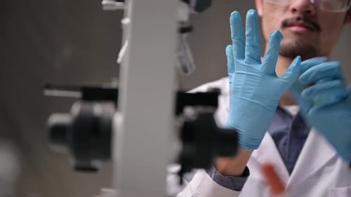 Scientist Putting on Gloves Before Working in Lab