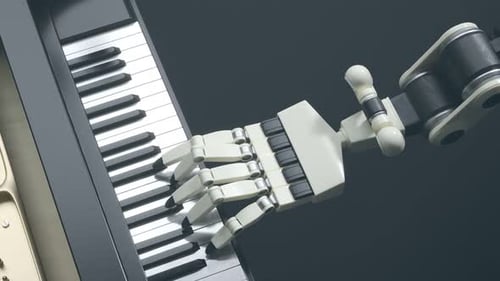 A modern robot is playing music on the piano. Fingers are moving with accuracy.