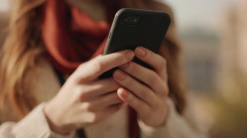 Woman Hands Writing Message By Phone Outdoors, Unknown Girl Typing Smartphone