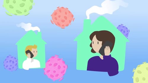 Animation of people staying at home with macro Coronavirus Covid-19 cells floating in blue backgroun