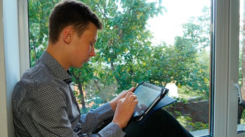 Young Adult Using Tablet in Bright Window Seat
