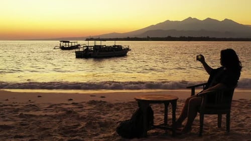 One girl posing on marine bay beach lifestyle by blue ocean with white sandy background of the Maldi