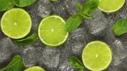 Lime slices, fresh green mint leaves and ice cubes on rotating